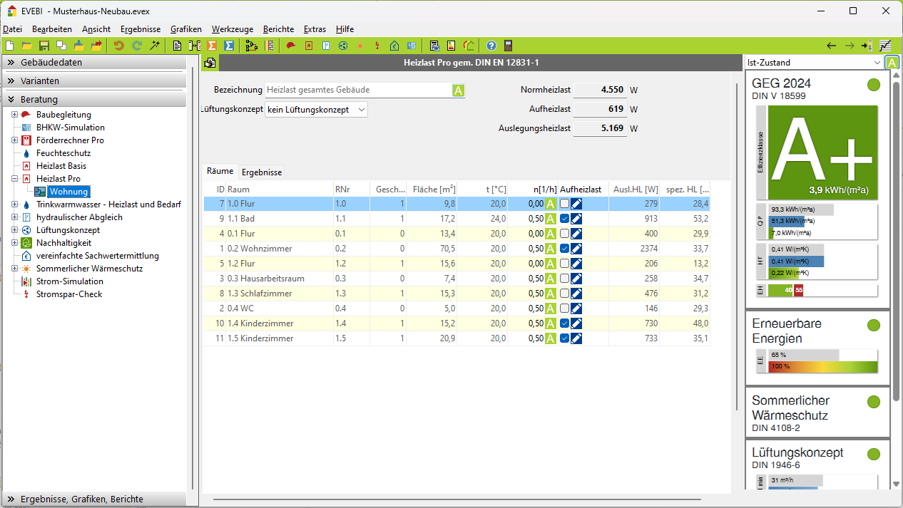Heizlastberechnung Pro nach DIN EN 12831-1 Ansicht Software Heizlastberechnung Wohnung