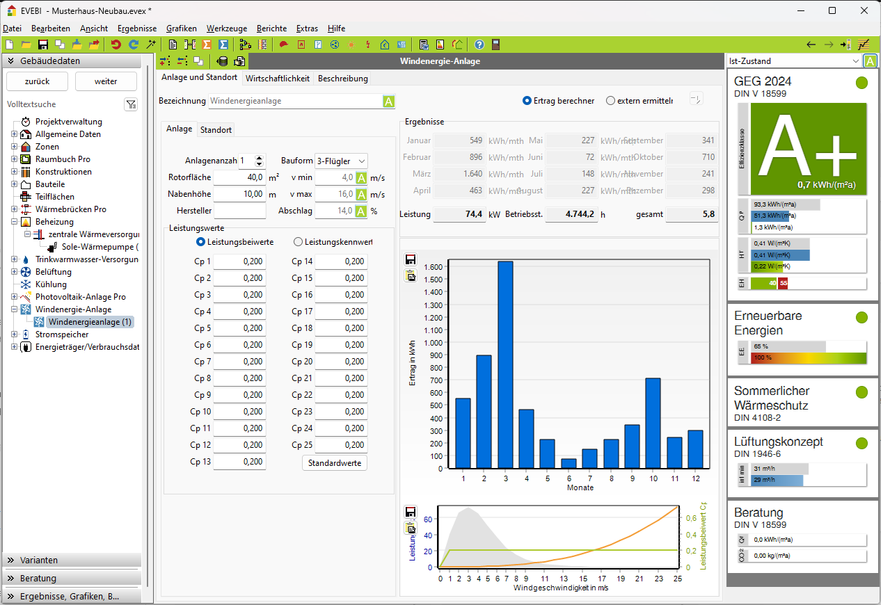 Ertragsberechnung Windenergie-Anlage Ansicht Software Windenergie-Anlage