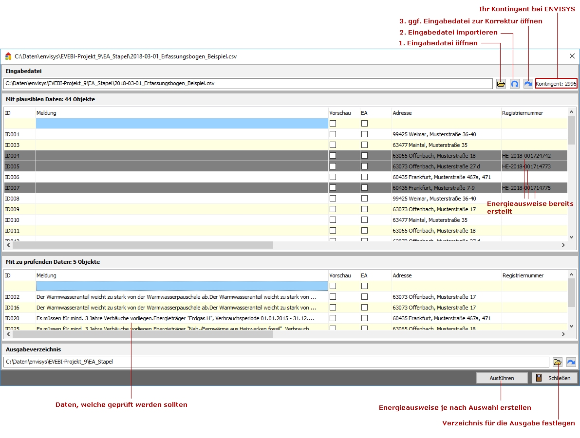 Darstellung Ergebnisse aus csv-Datei Ansicht der importierten Energieausweis-Informationen aus einer csv-Datei in der Software