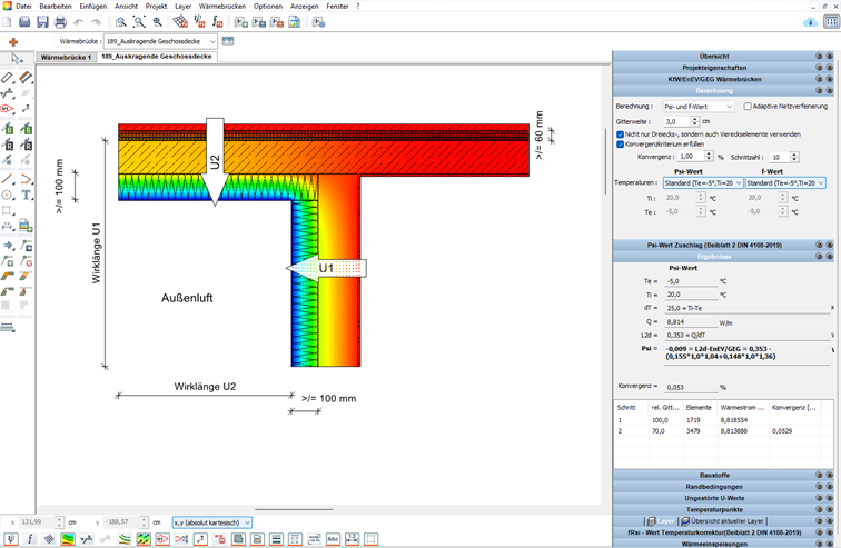 Wärmebrücken anliegende Geschossdecke Ansicht Wärmebrücken in der Software ThermCAD