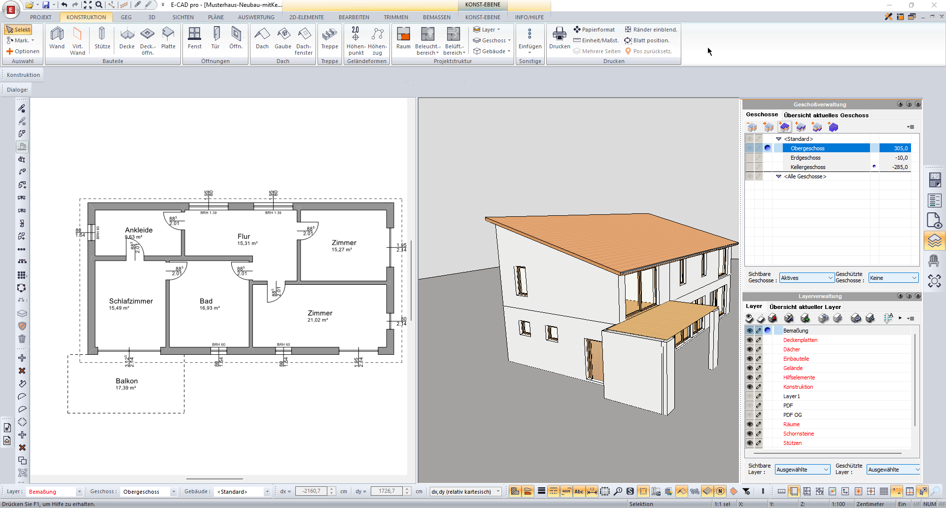 Musterhaus Neubau Konstruktionsebene Ansicht E-CAD Software Konstruktionsebene