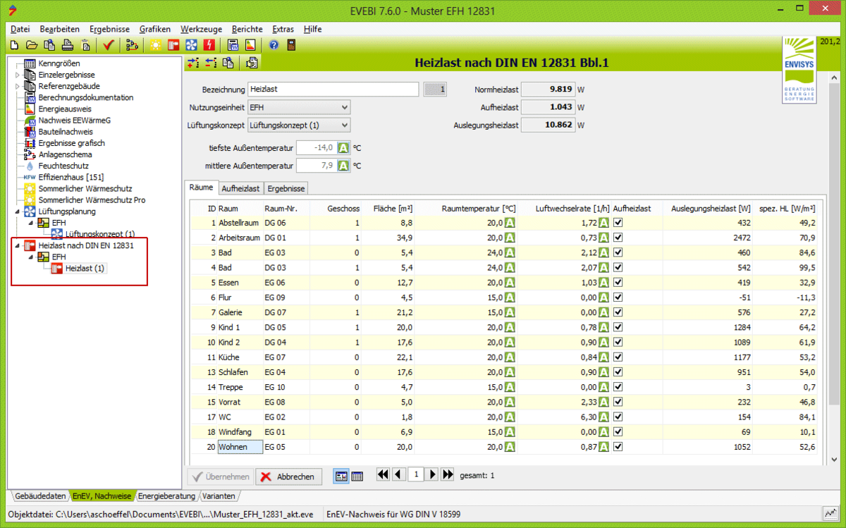 ENVISYS: Heizlastberechnung Erstellen, Ergebnisse Zur Heizlast